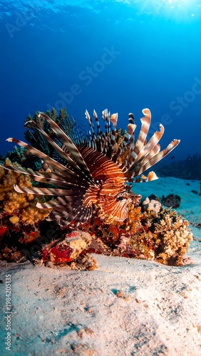 Lionfish on coral reef, underwater