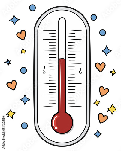 Charity fundraising goal thermometer doodle with rising love and support symbols
