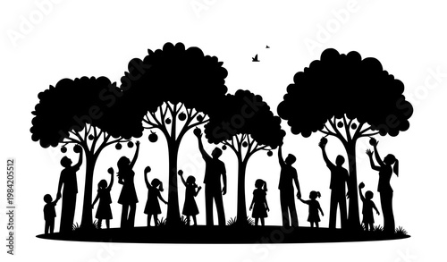 Family fruit picking silhouette vector park tree harvest people illustration