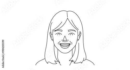 Line drawing of a smiling womans face with closed eyes.