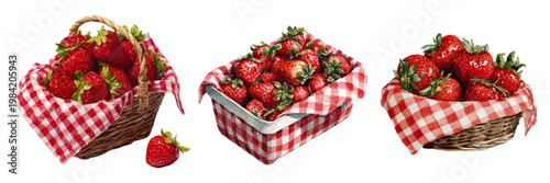 Freshly picked red strawberries in charming rustic wicker baskets and a picnic punnet, nestled on red and white checkered napkins, symbolizing summer harvest and wholesome outdoor eating