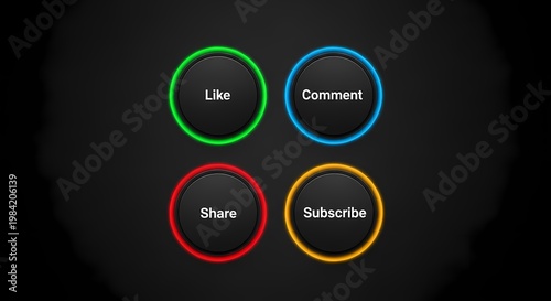 Colorful social media engagement buttons with like comment share and subscribe