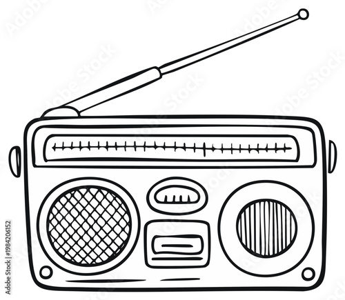 Retro Radio Outline, Antique Boombox Illustration, Black and White Portable Music Player