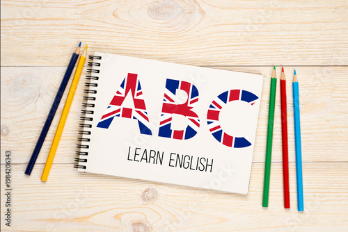 ABC letters with british flag, learn english concept