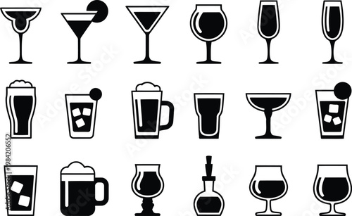 Variety of drinkware icons glasses mugs and bottles in black and white