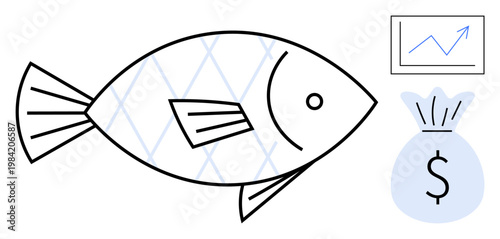 Financial growth, business investment, economic progress, wealth management, sustainability, seafood industry. Fish, money bag and graph progress. Financial growth and business investment concept