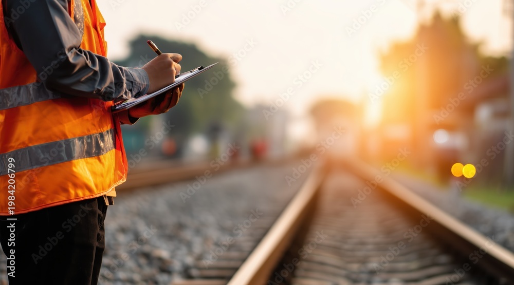 Obraz premium Worker in safety vest writing on clipboard by railway tracks at sunset