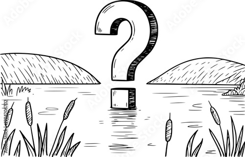 Hand drawn question mark symbol floating water between hills and reeds lake