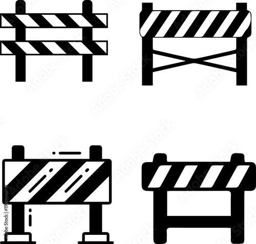 Set of construction barrier icons with striped warning patterns for road safety design.
