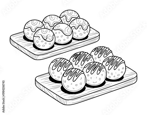 Tableau sur toile Hand Drawn of Sweet Pastries with Drizzle Wooden Boards food pastry