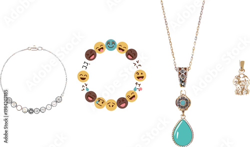 Mixed Jewelry Accessories Collection Featuring Charm Bracelet with Emoji Beads, Elegant Turquoise Drop Pendant Necklace, and Matching Earrings for Fashion Styling