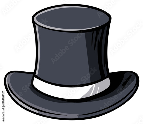Illustration of a stylish, elegant black top hat with white band for formal attire or stage performance