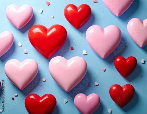 Red & pink hearts scattered on blue, with small confetti