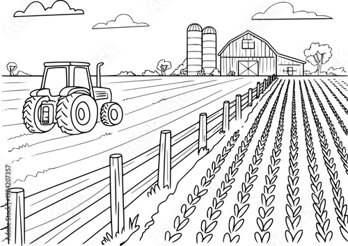 Black and white farm scene with tractor, barn, silos, and rows of crops field