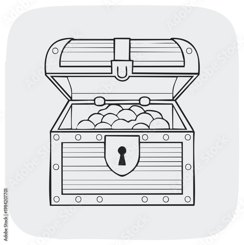 Black and white line art illustration of an open wooden treasure chest full of gold coins.