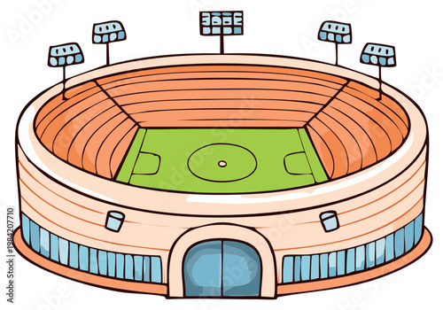 Cartoon soccer stadium with green field and stadium lights