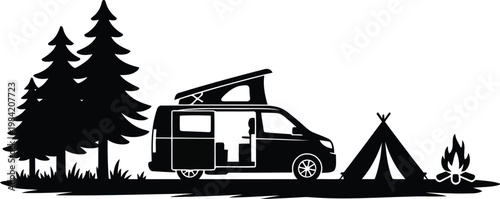 Camping adventure van life with forest tent and campfire scene