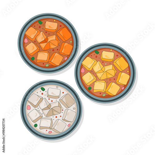 three bowls of soup with different colored broth and tofu cubes
