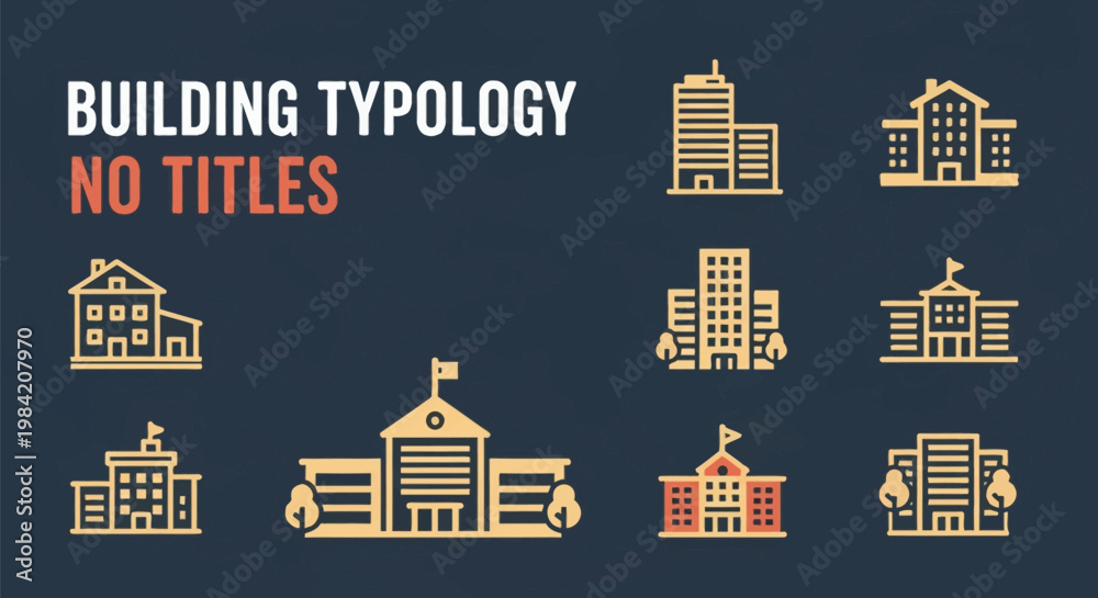 Naklejka premium Vector set of architectural building typology icons including residential houses, urban office skyscrapers, government institutions, school facilities, and apartment blocks.