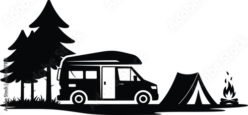Camping scene with rv tent and pine trees a relaxing outdoor adventure