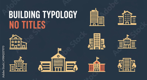 Vector set of architectural building typology icons including residential houses, urban office skyscrapers, government institutions, school facilities, and apartment blocks.