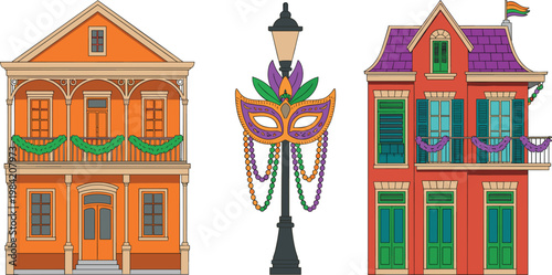 Mardi Gras festival collection featuring colorful French Quarter architecture, carnival masquerade mask on lamppost, and traditional New Orleans balcony houses with festive decorations.