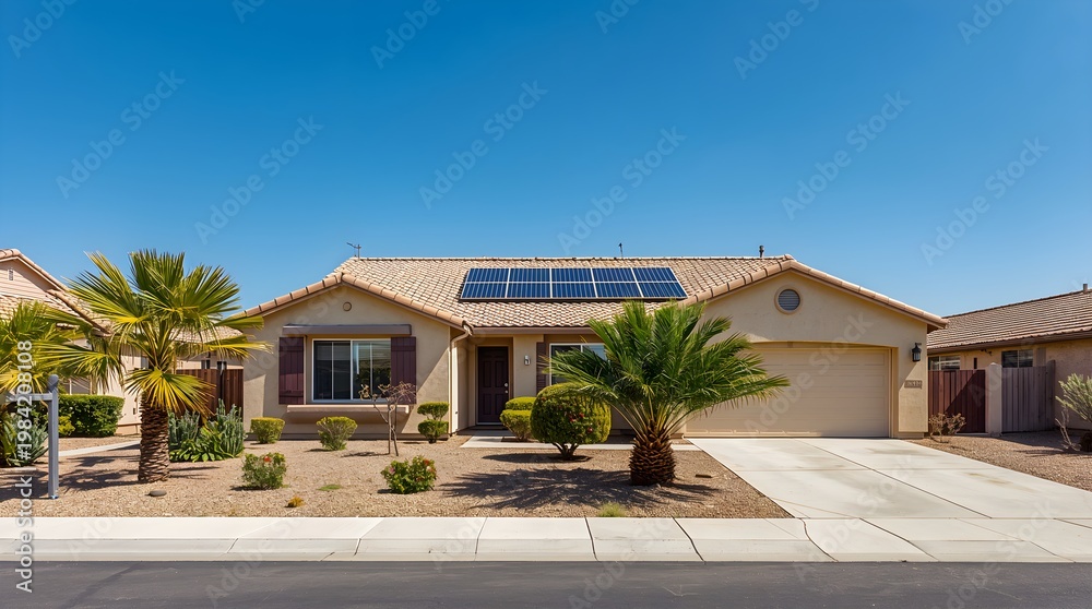 Fototapeta premium Modern suburban home with solar panels on tile roof under clear blue sky in desert climate