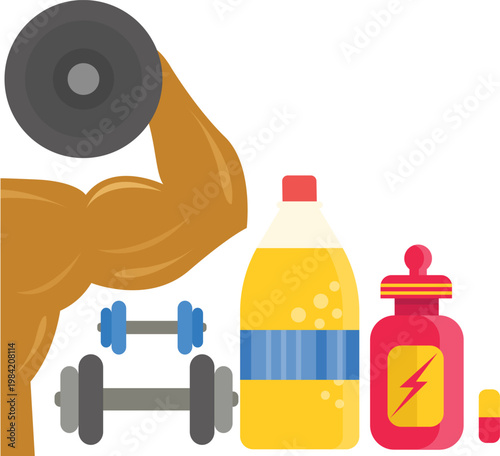 Muscular arm lifting weights with sports supplements and protein drink fitness concept illustration
