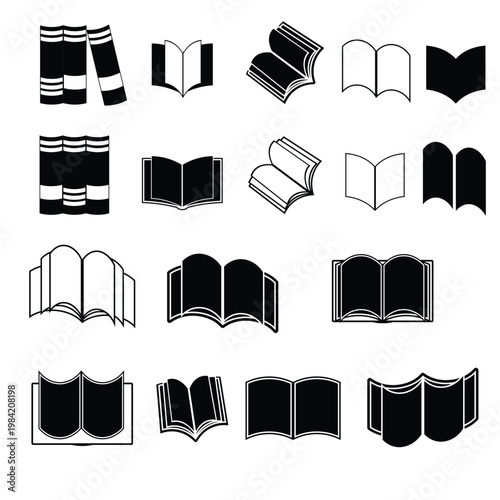 Vector Set of Various Book Icons and Open Page Silhouettes for Education Library and Literary Design Projects Isolated on White