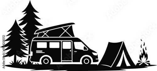 Camping adventure van life with tent and forest silhouette