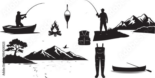 Fishing Silhouette Illustrations with Mountains and Water Scenes