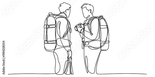 Continuous line drawing of two backpackers talking while standing together in a travel setting Vector, illustration