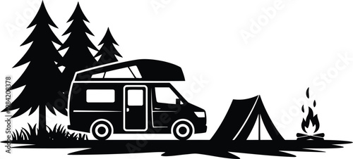 Vintage campervan camping scene a black and white outdoor adventure