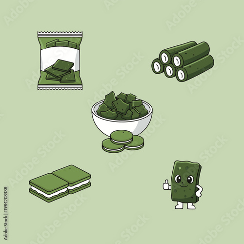 Large set of vector illustrations of tofu skin or bean curd products including dry stacks, soaked sheets in water, spicy hot pot bowls and a cute mascot character.