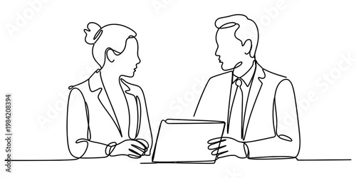 Continuous line drawing of a man and woman in business attire discussing a document at a desk Vector, illustration