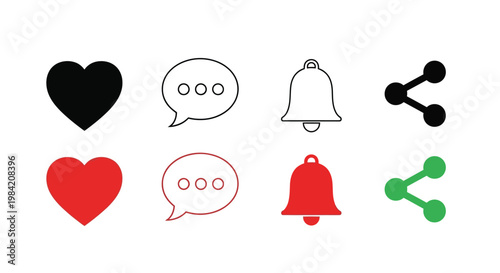 Social media icons depicting hearts speech bubbles bells and sharing