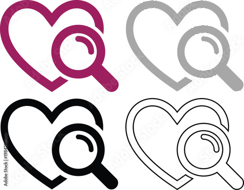 Heart with magnifying glass vector illustration set featuring solid outline and hatched styles for dating or medical search apps.