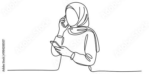 A single continuous line drawing of a woman in a hijab talking on a smartphone while holding another Vector, illustration