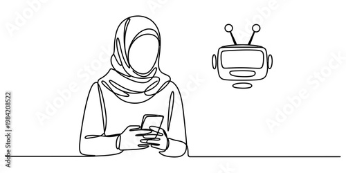 A single line drawing of a woman wearing a hijab interacting with a small digital robot assistant Vector, illustration