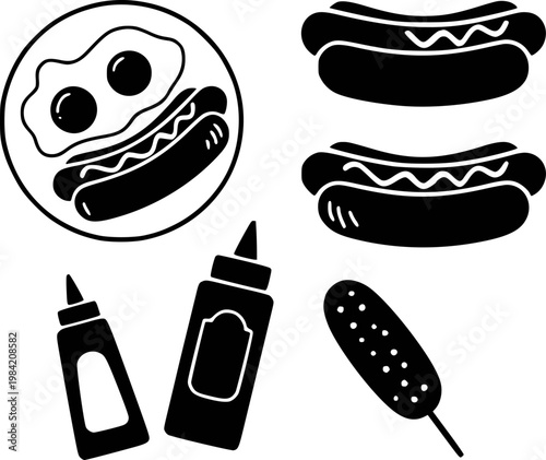 Black silhouette of hot dogs, fried eggs, condiment bottles, and corn dog white background