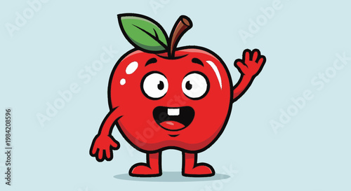 Cartoon apple character waving hello on a light blue background illustration