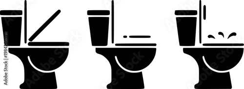 Black silhouette of toilet bowl stages: open lid, flushing, water splash