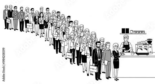 Long Queue of People Waiting for Coffee at a Cafe Counter.