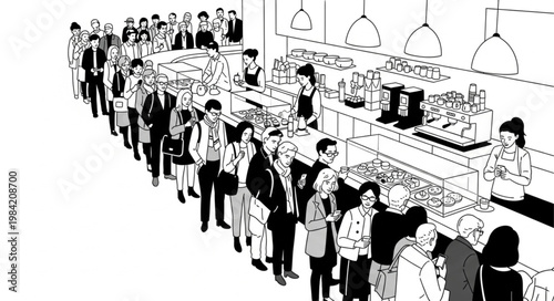 Long queue of people waiting in line at a buffet or food service counter.