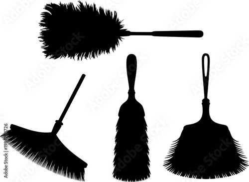 Black silhouettes of cleaning tools: duster, broom, and brushes white background