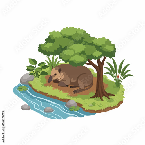 Detailed vector illustration of a brown tapir resting in the shade of a lush green tree on a riverbank with flowing water, rocks, and tropical plants, isolated on white.
