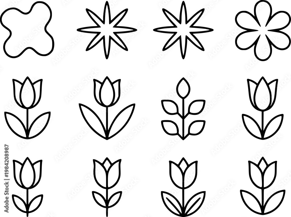 Fototapeta premium Collection of black line tulips, stars, and abstract shapes white flower