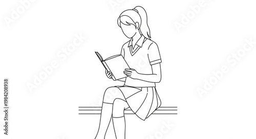 Line drawing of a young woman reading a book while sitting.