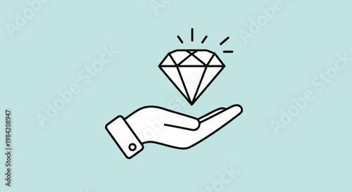 Minimalist vector style line icon of an open hand holding a faceted sparkling diamond gemstone with radiance lines, isolated on a light blue background for reward concepts.