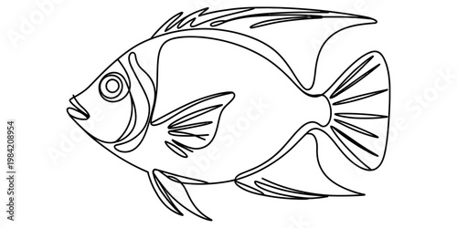 A simple black and white line drawing of a tropical fish swimming against a plain white background Vector, illustration